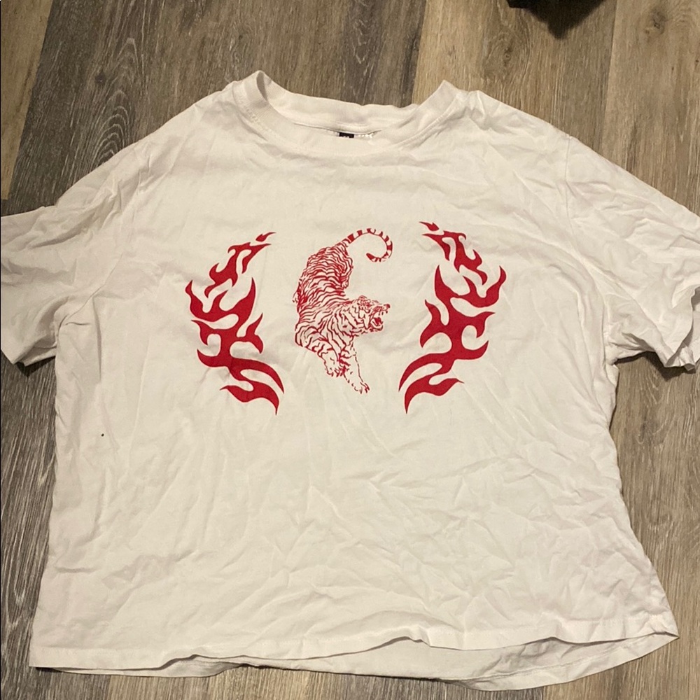 White T-Shirt with Red Tiger and Flames